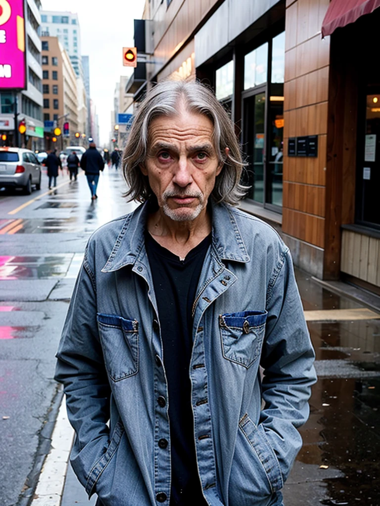 Very thin old man, long gray hair, ragged clothes, begging on the street, America, fallen state, gloomy lighting