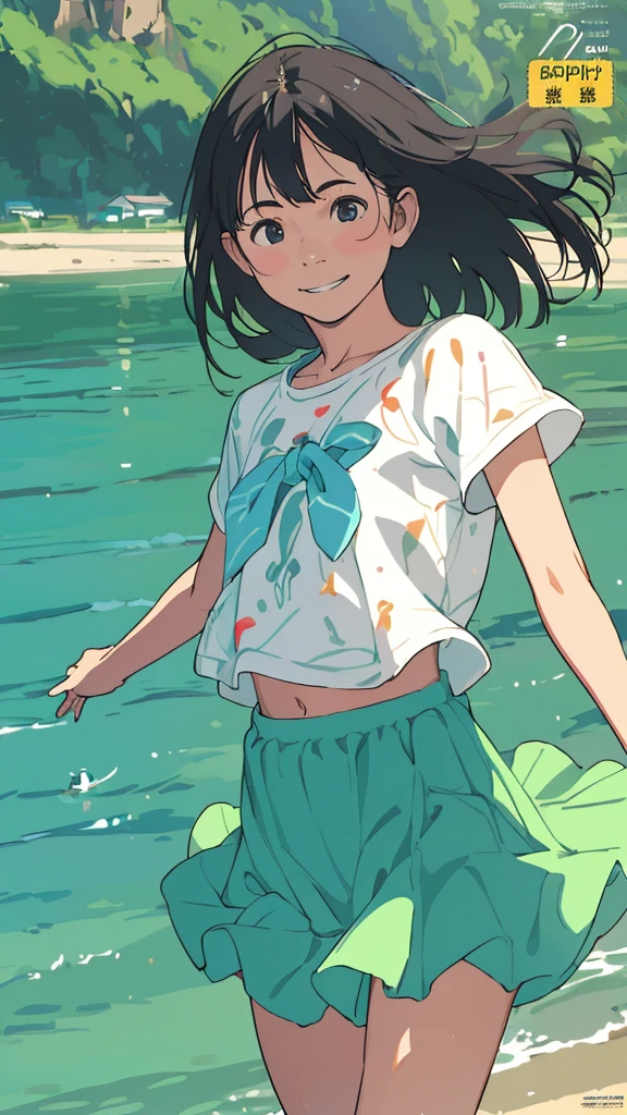 reasonable design, Clear lines, High Sharpness, (highest quality,8K,Perfect sharpness,Ultra fine,High resolution,masterpiece:1.2), Perfect Anatomy:1.5, Official Art, Illustrations that tell a story, (Whitish background:0. 9)、Body Positivity、More Mr.Physical expression、(Random and mischievous poses)、Perfect beauty、Perfect beautiful face、Strong winds、A rich expression、Dynamic composition、smile、Golden ratio composition、colorful、(Mr.Different angles and perspectives)、anime art、mini skirt、(Overcoming stereotypes)、 Glowing Skin、(Natural beauty)、smile、bangs、Straight Hair、(Soft and flowing hair)、(Rural Scenery)、(Nostalgic atmosphere)、Insert up to the thighs、(Playful and carefree)、(More Mr.Ethnic characters)、(innocent attitude)、(Sunny atmosphere)、Skirt flipped up、(Bright colors)、Belly button exposed、Beautiful Eyes、A skirt fluttering in the wind、Put it in to your feet、Some composition patterns、sensuous、Geometric pattern、emotional、Symposium cover、ングル、