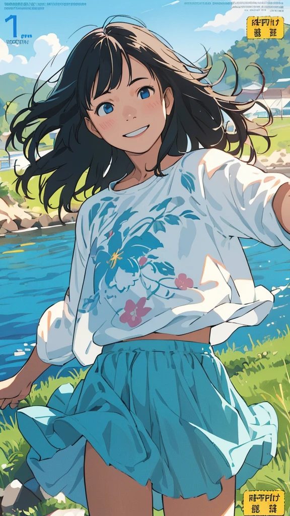 reasonable design, Clear lines, High Sharpness, (highest quality,8K,Perfect sharpness,Ultra fine,High resolution,masterpiece:1.2), Perfect Anatomy:1.5, Official Art, Illustrations that tell a story, (Whitish background:0. 9)、Body Positivity、More Mr.Physical expression、(Random and mischievous poses)、Perfect beauty、Perfect beautiful face、Strong winds、A rich expression、Dynamic composition、smile、Golden ratio composition、colorful、(Mr.Different angles and perspectives)、anime art、mini skirt、(Overcoming stereotypes)、 Glowing Skin、(Natural beauty)、smile、bangs、Straight Hair、(Soft and flowing hair)、(Rural Scenery)、(Nostalgic atmosphere)、Insert up to the thighs、(Playful and carefree)、(More Mr.Ethnic characters)、(innocent attitude)、(Sunny atmosphere)、Skirt flipped up、(Bright colors)、Belly button exposed、Beautiful Eyes、A skirt fluttering in the wind、Put it in to your feet、Some composition patterns、sensuous、Geometric pattern、emotional、Symposium cover、ングル、