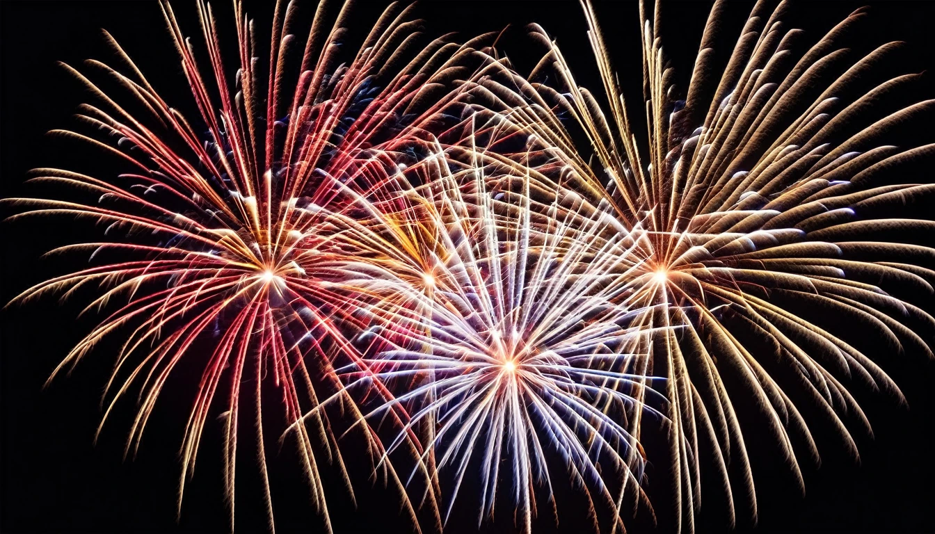 Beautiful and colorful fireworks exploding, with a black background, image in the middle