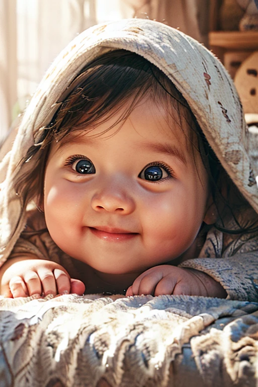a 6 year old girl, cute smiling expression, chubby cheeks, wearing a jumper dress, detailed face, beautiful eyes, long eyelashes, detailed cute expression, natural lighting, soft colors, highly detailed, photorealistic, 8k, best quality