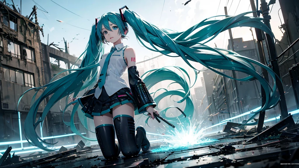 Hatsune Miku、With falling sparks on the background of a ruined city、Heavy metal style cover image。