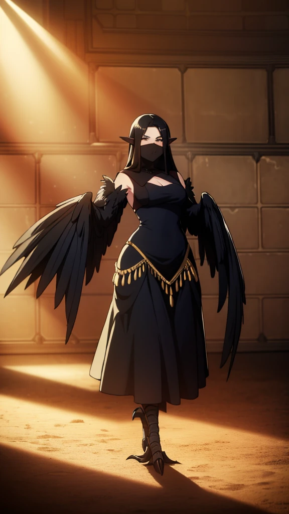 1woman,mature female,40s,sensual,black dress,black hair,pointy ears,harpy,wings,no arms,black mouth veil,((in a arena of battle,sunlight)),dancing