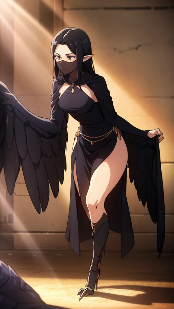 1woman,mature female,40s,sensual,black dress,black hair,pointy ears,harpy,wings,no arms,black mouth veil,((in a arena of battle,sunlight)),dancing