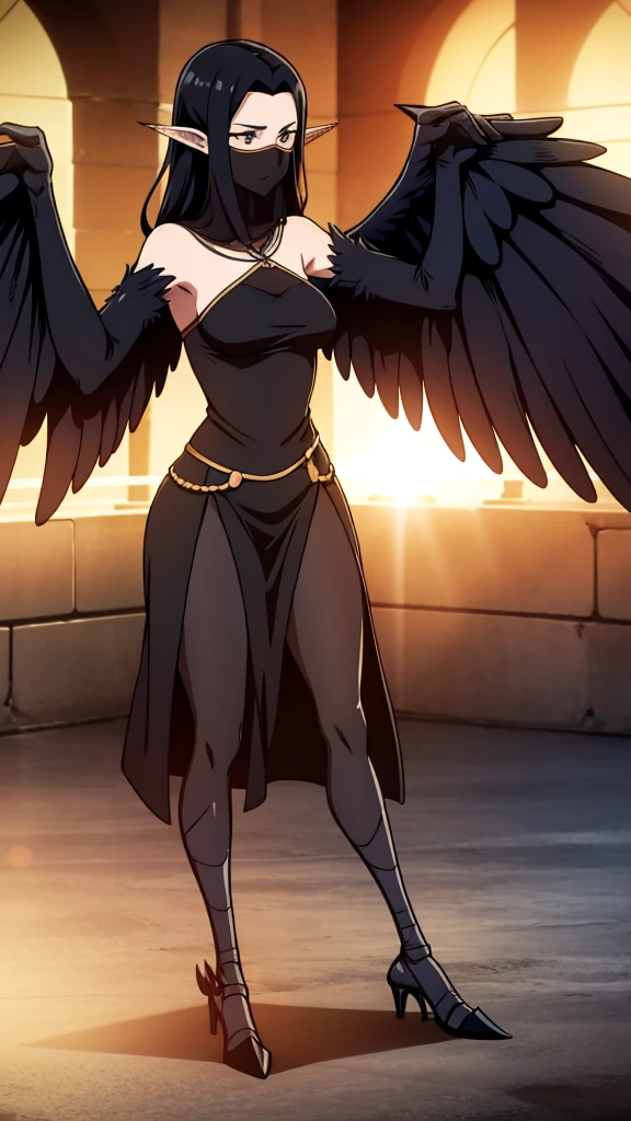 1woman,mature female,40s,sensual,black dress,black hair,pointy ears,harpy,wings,no arms,black mouth veil,((in a arena of battle,sunlight)),dancing