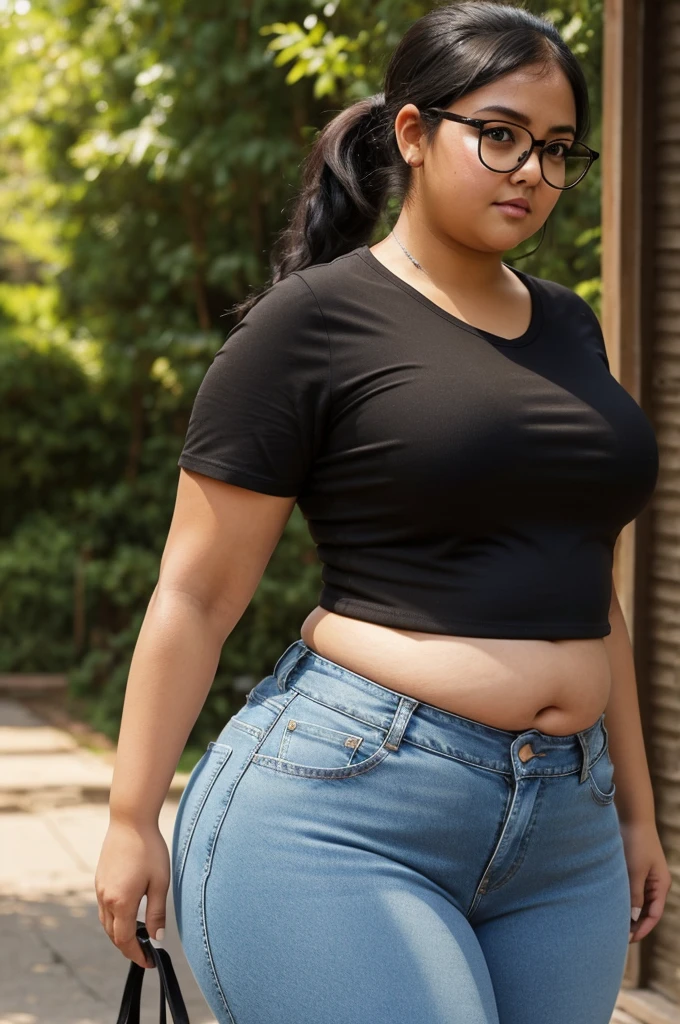 cropped shirt, jeans, high-waist jeans, yellow shirt, chubby, plump, soft, wide, fat, black baseball cap, large glasses, round glasses, short ponytail, short, short legs, fluffy ponytail, , full body, round face, double chin, fat face, dark skin, dark-skinned female, black hair, fluffy hair,fat weight gain chubby big obese belly ssbbw bbw thicc dummy beautiful cute, walking, from behind, looking away, sweat, wiping sweat, outdoors, simple background