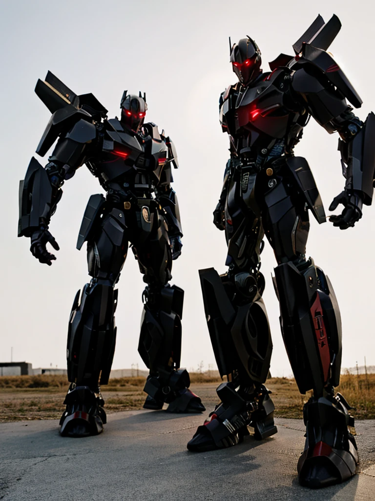 transformerslora, full body, robot, mecha, robot, mecha, science fiction, looking at viewer, professional photo, highly detailed, detailed textures, HDR, professional photo shoot, close up, best quality, best resolution, high-quality photo, realistic photo, realistic shadows, detailed shadows, realistic proportions, raw photo, intricate detail, lens flare, backlighting, black robot, red designs, red eyes, white designs