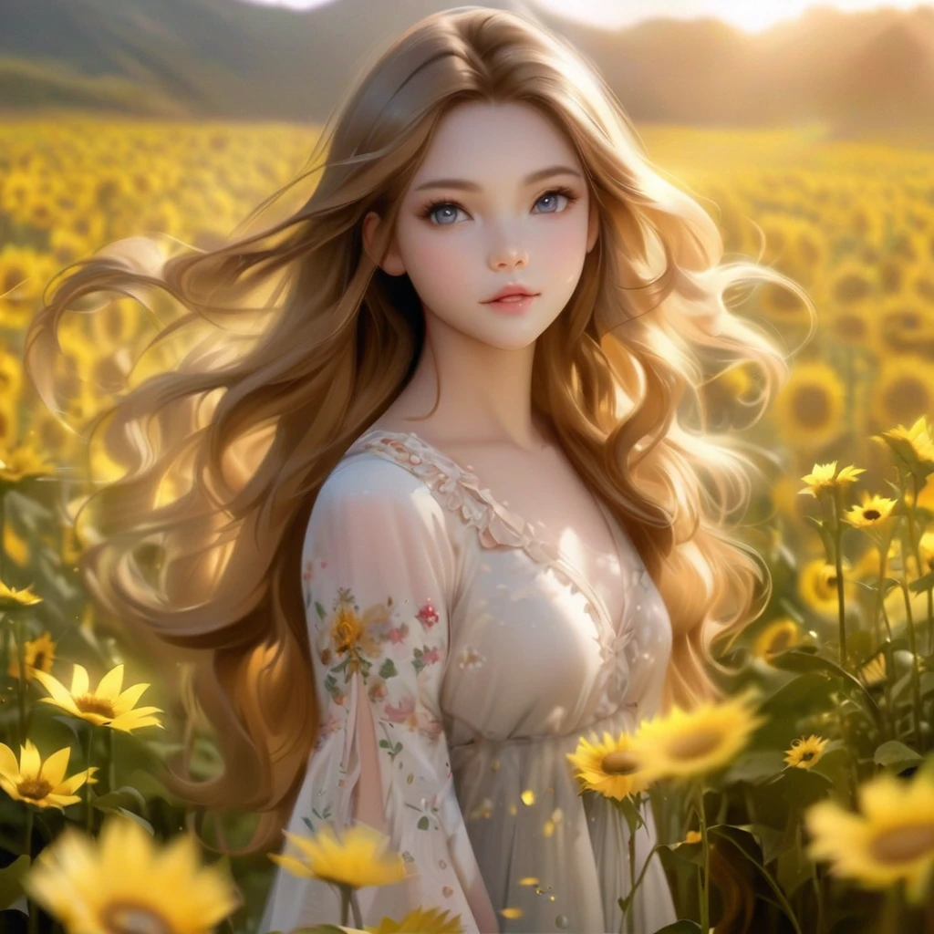 Long-haired woman standing in a field of yellow sunflowers, Fairy beautiful sunflower anime girl, Beautiful digital artwork, Beautiful digital art, Cute and detailed digital art, Cute digital art, beautiful amazing digital art, Realistic cute girl drawing, Gorgeous digital painting, Beautiful and realistic photos, Beautiful fantasy art portraits,