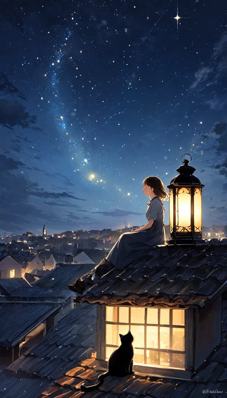 Make a wish under the stars, The night sky is like ink, Scattered Stars. A girl and a black cat are sitting on the roof, There is a small lamp next to it.. The girl closed her eyes and made a wish.., The cat made an incomprehensible noise., As if silently blessing her, (masterpiece, Highest quality, Professional, Perfect composition, so beautiful, Absurd, Very detailed, Intricate details:1.3)