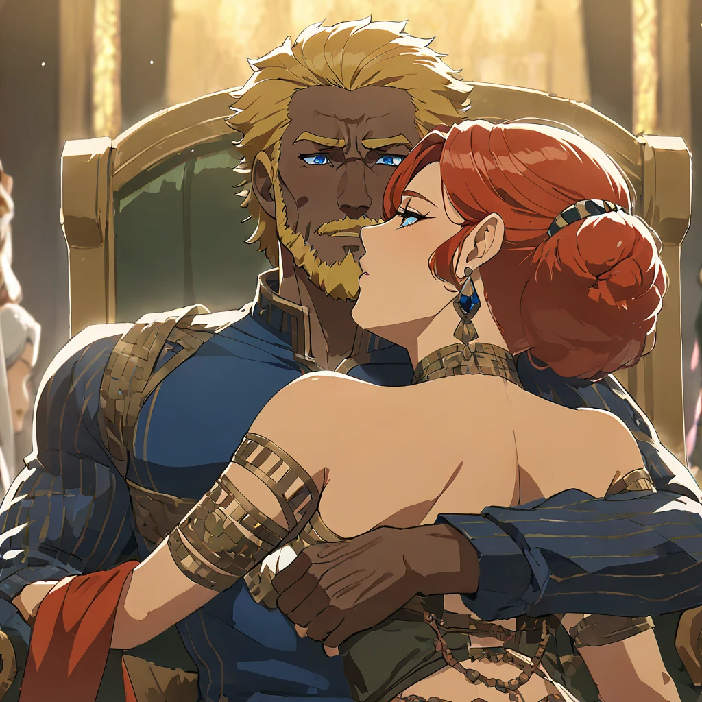 ((Highest quality)), ((masterpiece)), (detailed), （Perfect Face）、A man and a woman who are in love, have sex and make a baby、The woman is Queen Zelda of the Gerudo tribe, with blonde hair and blue eyes, and is naked.、The man is a dignified, middle-aged man of the Gerudo tribe, with a beard, muscular red hair and dark skin, King Ganondorf, the king of the Gerudo tribe, and is naked.、A man and woman are embracing and kissing on the luxurious throne of the Gerudo royal family.、The queen and the king are so infatuated with each other that they have sex and love each other, and they both wear engagement rings.