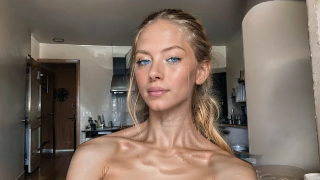 beautiful 30 year old woman with blue eyes, blonde with brown roots, hair in bun with tendrils, looking directly at the camera, very realistic, instagram self photo, face close up, at home, naked, cute navel, revealing figure, film grain, fit muscular body, medium breasts, focus on face, in love with the camera