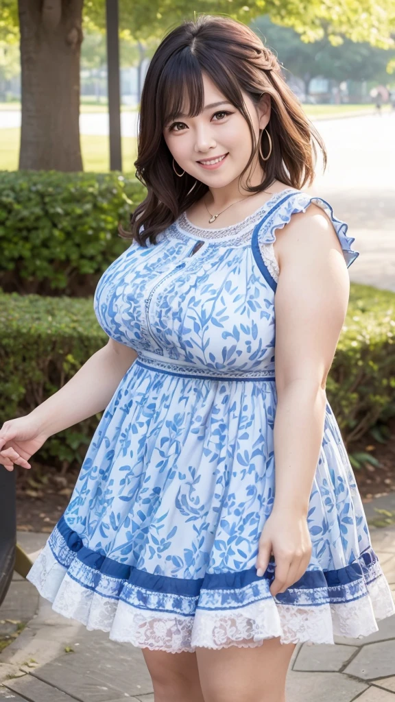 A beautiful and hot almost chubby mature woman.who is wearing a patterned short dress and is and standing in the park. A smiling face、sexy woman、A radiant smile、Adorable、race、Frills、Colorful design