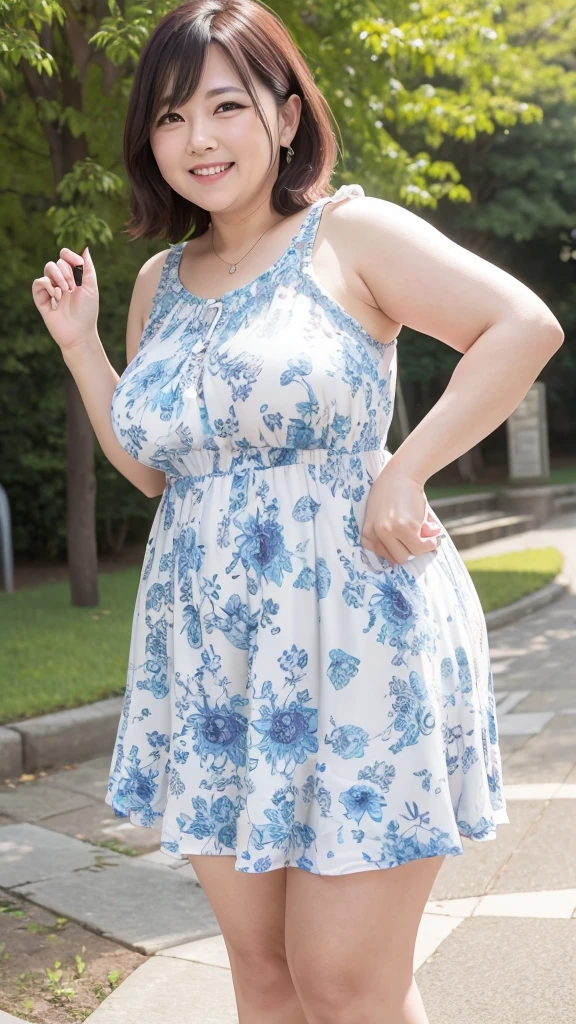 A beautiful and hot almost chubby mature woman.who is wearing a patterned short dress and is and standing in the park. A smiling face