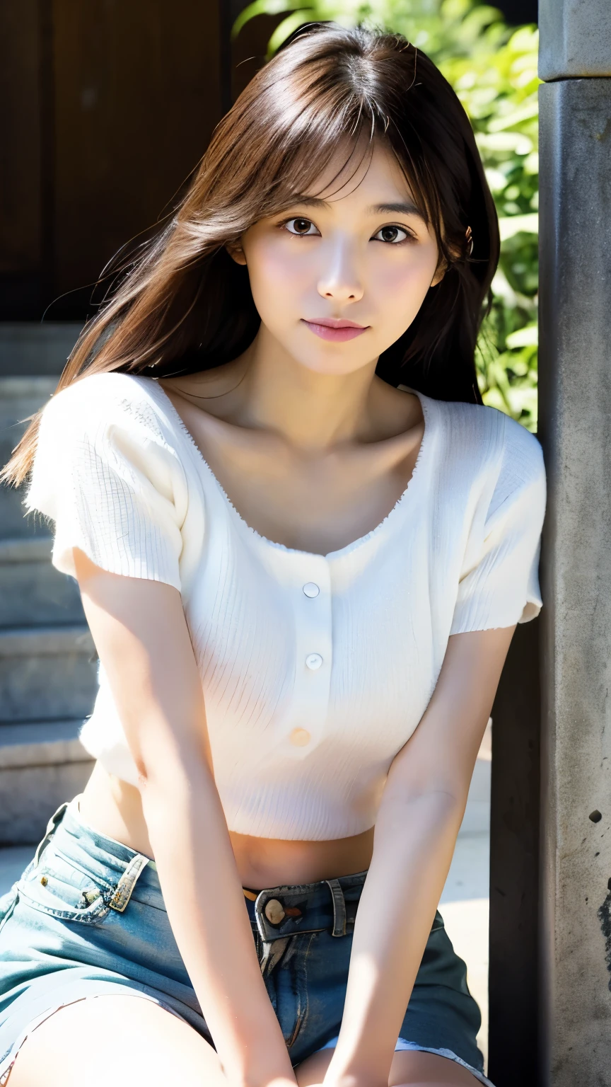 Dark brown hair、Light brown eyes、Japanese actress、 Lady、I40歳くらいです.、(Intricate details:1.2)、(Which is the top????:1.4)、 (Ultra-high resolution:1.2)、Ultra-high resolution、(Finely tuned)、(Detailed facial features)、Hmph、8K resolution、D cup size breasts、Long Hair、Enjoying the sun and shade in Los Angeles、relax、、,Full body photo、Head to toe shot、Beautiful legs、camisole、Denim pants、Blackpink Jenny　I、Take this photo、Beautiful legs、she, Fashion Hub, Attention to detail, Very detailed, Realistic, Hourglass Shaped Body, Obscene pose,Leaning against a wall、Place your head against the wall and lift your chin slightly..........、Poses that make you feel weak、Are crying、Deep sorrow、My eyes and cheeks are wet with tears、Seaside、Palm tree、