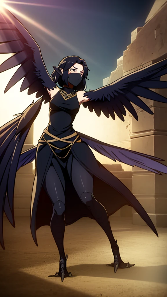 1woman,mature female,40s,sensual,black dress,black hair,pointy ears,harpy,wings,no arms,black mouth veil,((in a arena of battle,sunlight)),dancing,dynamic angle,