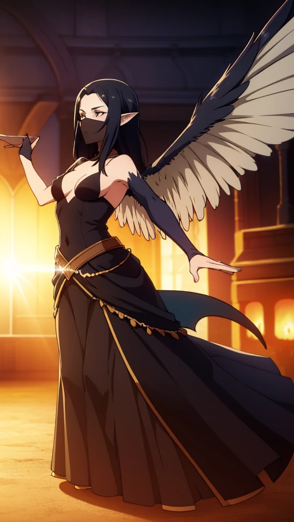 1woman,mature female,40s,sensual,black dress,black hair,pointy ears,harpy,wings,no arms,black mouth veil,((in a arena of battle,sunlight)),dancing,dynamic angle,