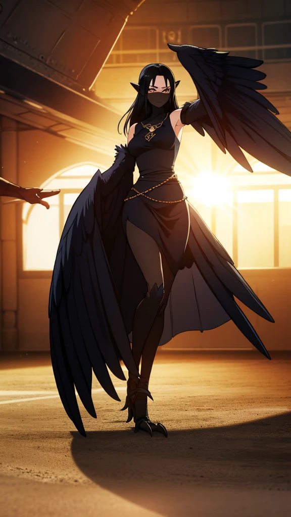 1woman,mature female,40s,sensual,black dress,black hair,pointy ears,harpy,wings,no arms,black mouth veil,((in a arena of battle,sunlight)),dancing,dynamic angle,