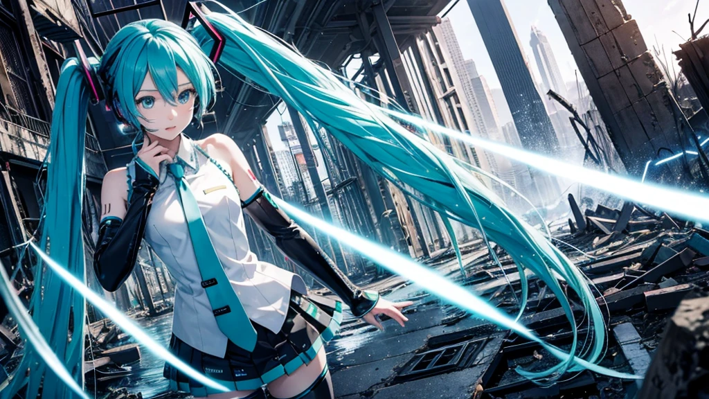 Hatsune Miku、With falling sparks on the background of a ruined city、Heavy metal style cover image。