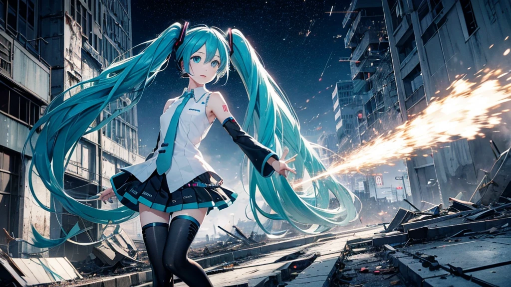 Hatsune Miku、With falling sparks on the background of a ruined city、Heavy metal style cover image。