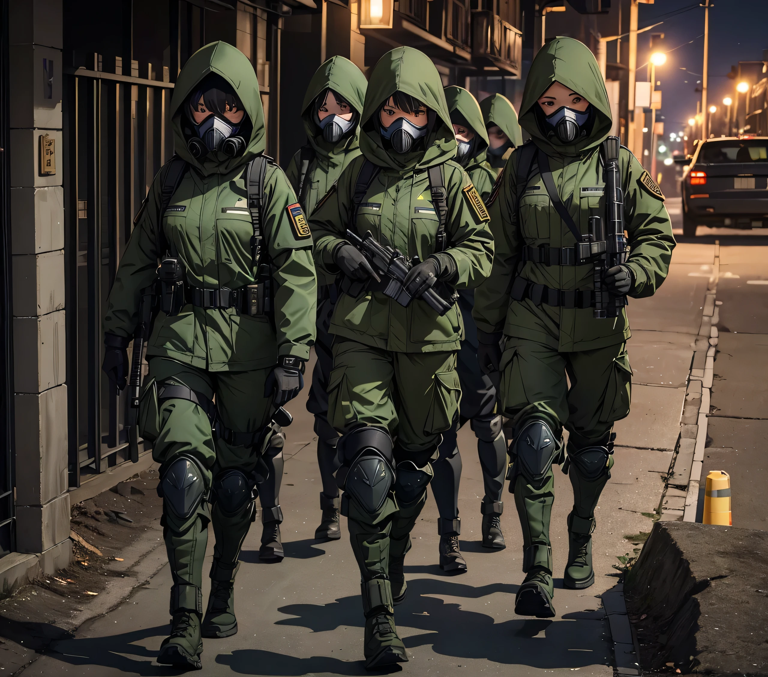 A group of female soldiers on night patrol、Wearing dark green M-51 hooded military uniform、Hooded on head、Gas Mask、Gloves、Military Pants、Knee pads,Write details、masterpiece、best quality、Highly detailed CG、8K picture quality