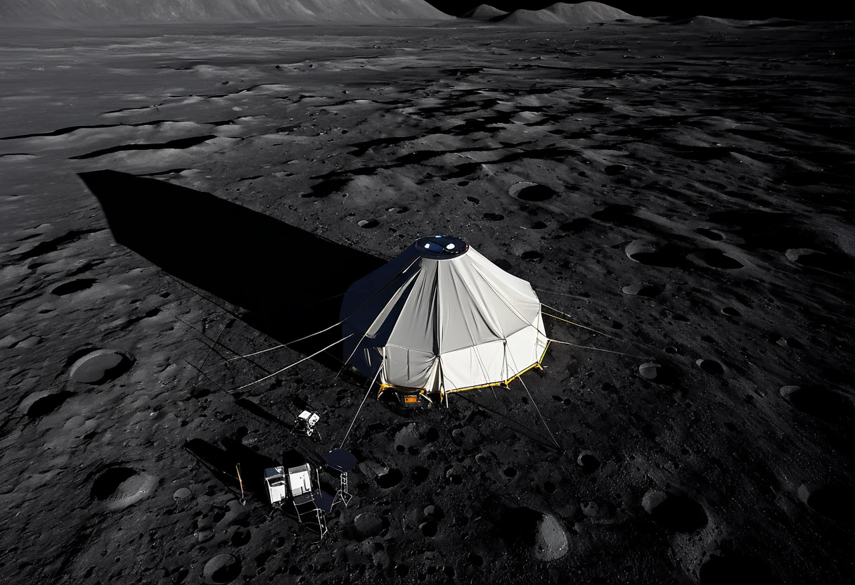 Generate a highly detailed and realistic drone view photo of a camping tent set up on the surface of the Moon. The tent should be a modern, durable design suitable for space exploration, with reflective materials and visible support structures anchoring it to the lunar surface. Surrounding the tent is the stark, barren landscape of the Moon, with its gray, dusty terrain and craters. The Earth is visible in the dark sky above, providing a stunning backdrop. Soft shadows are cast by the sunlight, highlighting the textures and features of the lunar surface. The overall scene should evoke a sense of adventure and exploration, capturing the extraordinary juxtaposition of a familiar camping setup in an alien environment. This photo should be hyper-realistic, visually striking, and convey the awe-inspiring nature of human exploration beyond Earth.