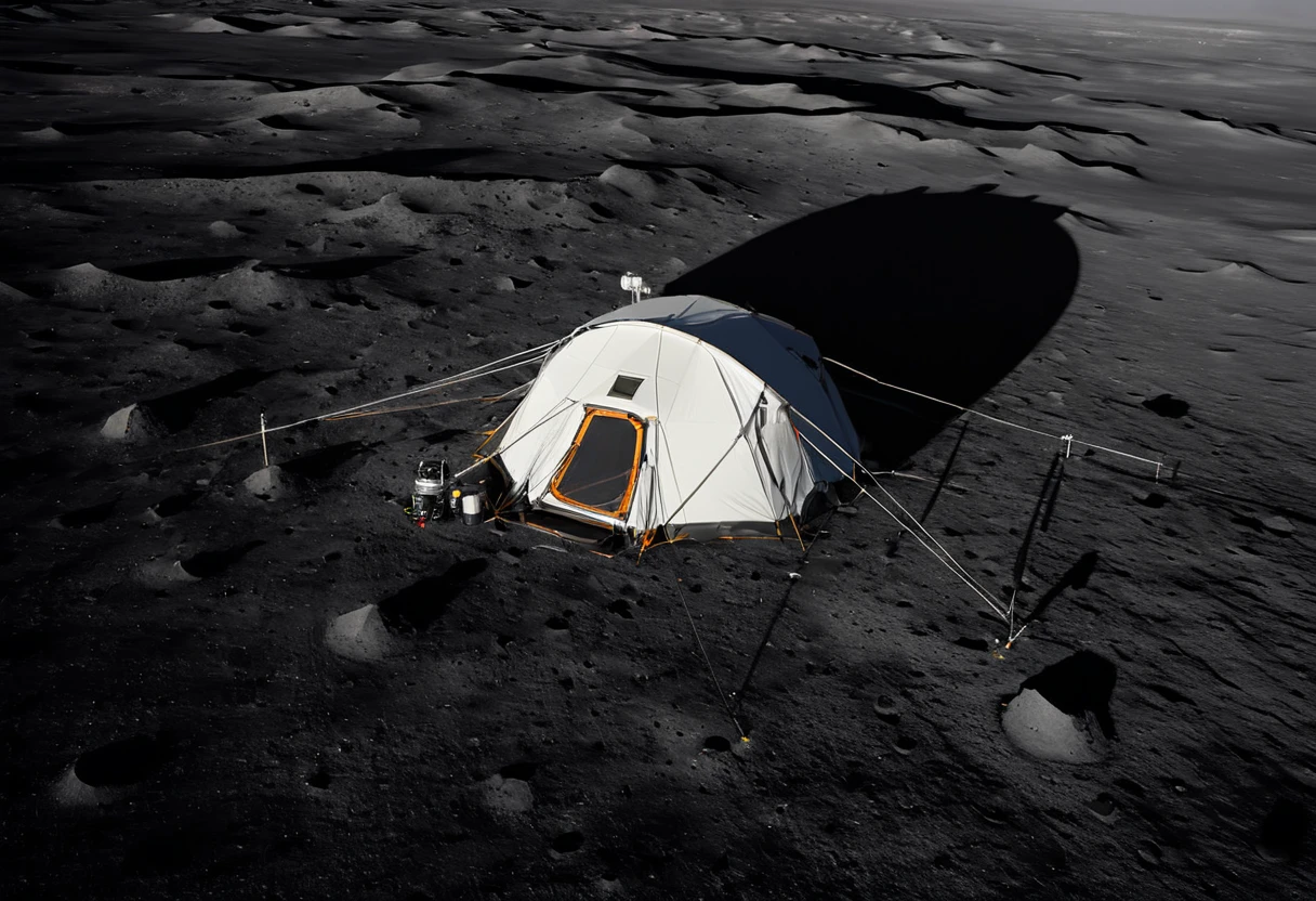 Generate a highly detailed and realistic drone view photo of a camping tent set up on the surface of the Moon. The tent should be a modern, durable design suitable for space exploration, with reflective materials and visible support structures anchoring it to the lunar surface. Surrounding the tent is the stark, barren landscape of the Moon, with its gray, dusty terrain and craters. The Earth is visible in the dark sky above, providing a stunning backdrop. Soft shadows are cast by the sunlight, highlighting the textures and features of the lunar surface. The overall scene should evoke a sense of adventure and exploration, capturing the extraordinary juxtaposition of a familiar camping setup in an alien environment. This photo should be hyper-realistic, visually striking, and convey the awe-inspiring nature of human exploration beyond Earth.