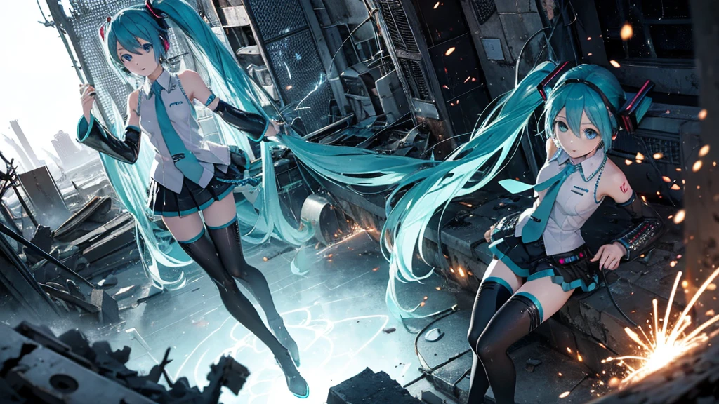Hatsune Miku、With falling sparks on the background of a ruined city、Heavy metal style cover image。