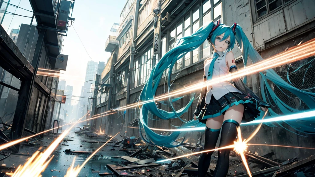 Hatsune Miku、With falling sparks on the background of a ruined city、Heavy metal style cover image。