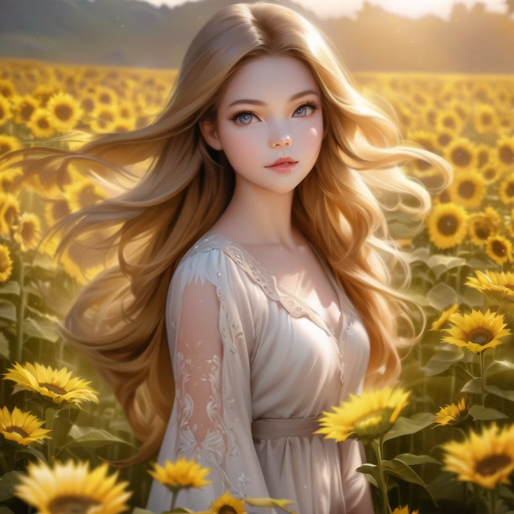 Long-haired woman standing in a field of yellow sunflowers, Fairy beautiful sunflower anime girl, Beautiful digital artwork, Beautiful digital art, Cute and detailed digital art, Cute digital art, beautiful amazing digital art, Realistic cute girl drawing, Gorgeous digital painting, Beautiful and realistic photos, Beautiful fantasy art portraits,
