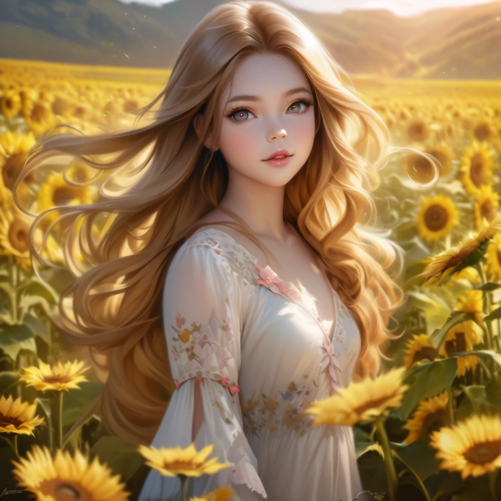 Long-haired woman standing in a field of yellow sunflowers, Fairy beautiful sunflower anime girl, Beautiful digital artwork, Beautiful digital art, Cute and detailed digital art, Cute digital art, beautiful amazing digital art, Realistic cute girl drawing, Gorgeous digital painting, Beautiful and realistic photos, Beautiful fantasy art portraits,
