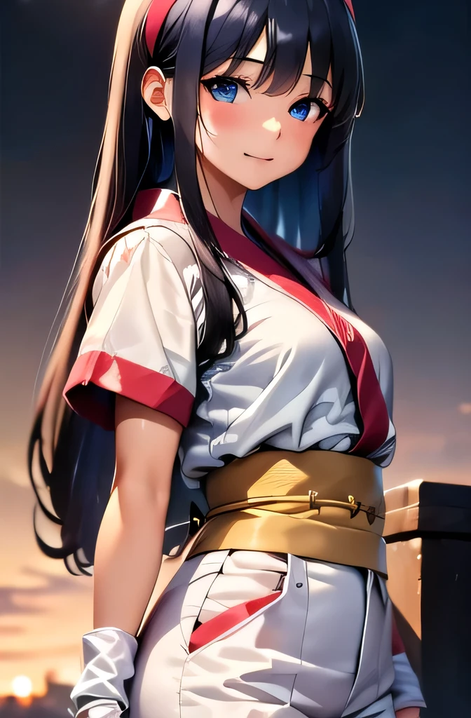 masterpiece, Highest quality, Perfect Face, Highest Resolution, Highest quality,Detailed depiction of the eyes,Confused, 1 Girl, , Long Hair, Suits only, hair band, Black and blue hair, fingerless gloves, Short sleeve, gloves, pants, bangs, red hair band, arms, Midnight blue eye color, white pants, kimono, Decided, Perfect Anatomy,