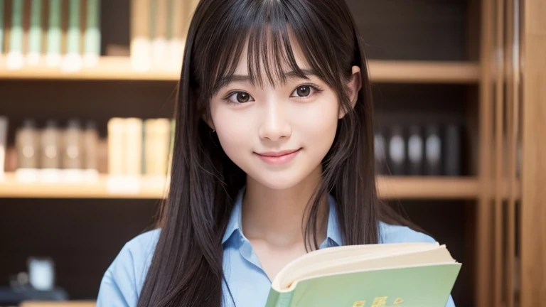 Produce the highest quality and highest resolution 8K images。Please draw the upper body of a 20 year old Japanese woman.。Please draw an image of someone reading a book in a stylish coffee shop.。She has brown eyes and a model-like figure、She has an idol-level cute face.。The hair is long。The skin is、It has a healthy color。she、I'm smiling at the camera。