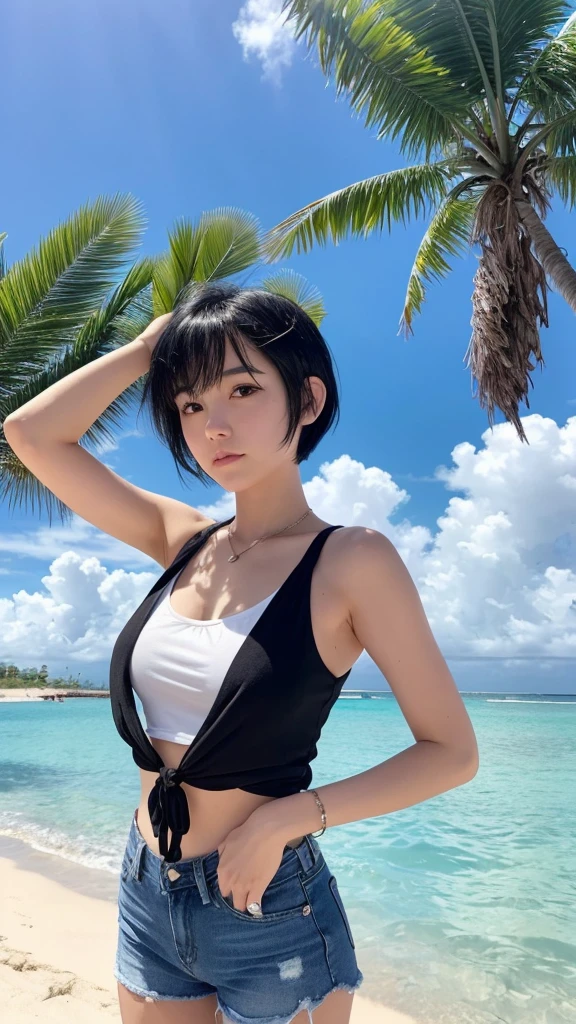 I agree to stand on the beach by the sea。She is wearing a black tank top and blue short jeans.。Short black hair down to the shoulders、I put my hands behind my head。Justice sees palm trees and the beach。White clouds are floating in the clear sky。In an anime-style style、Bright colors and realistic details。 ``` - **