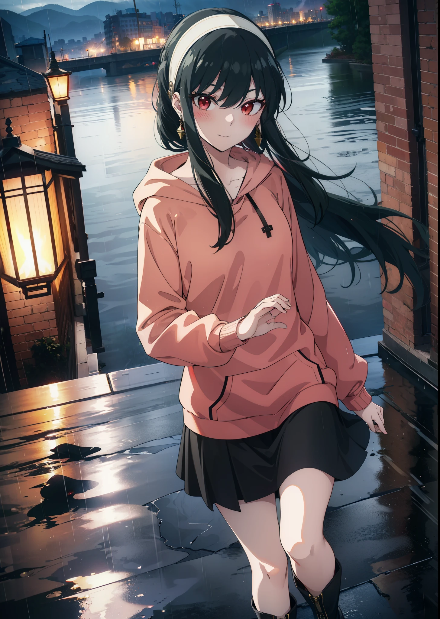 Yorbraia, Yor Briar, Black Hair, (Red eyes:1.5), Earrings, gold hair band, hair band,, Long Hair, Side Lock, (Medium chest:1.2),happy smile, smile, Open your mouth,blush,Oversized black hoodie,Long skirt,short boots,,Walking,rain,noon,cloudy,whole bodyがイラストに入るように,
break outdoors,Alley,
break looking at viewer, whole body,
break (masterpiece:1.2), Highest quality, High resolution, unity 8k wallpaper, (figure:0.8), (Beautiful attention to detail:1.6), Highly detailed face, Perfect lighting, Highly detailed CG, (Perfect hands, Perfect Anatomy),
