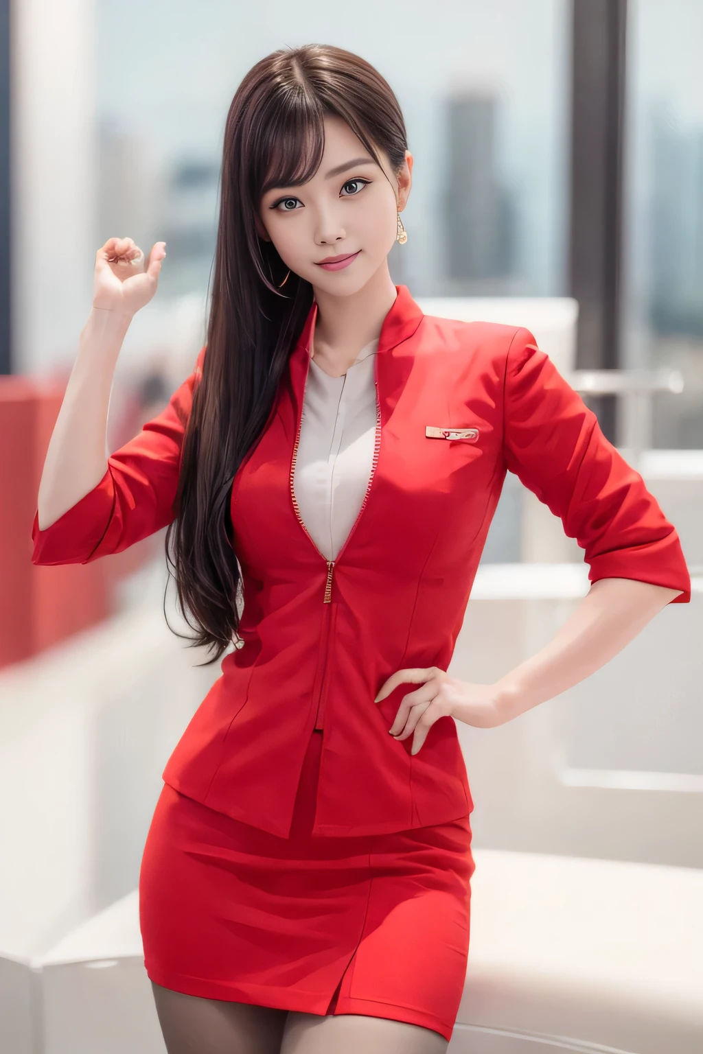 (masterpiece:1.2, Highest quality:1.2), 32k HDR, High resolution, (alone, 1 Girl), （AirAsia stewardess uniform realistic style）, A proper woman, Beautiful Face, Brown Hair, (Long hair down to the legs), (Red jacket:1.1, Unzipped jacket, Unbuttoned white shirt:1.05, Red mini skirt:1.1, pantyhose),（Showing big  through cleavage in unbuttoned white shirt）、（long hair that reaches down to the legs）、Perfect slim body:1.1, Huge breasts, huge breasts cleavage, Detailed skin texture, Beautiful Eyes, (Attractive look:1.2), necklace、Earrings、(forward leaning posture:1.5）, On the roof of a building, Rooftop at daytime,blue eyes、Hands should be lowered