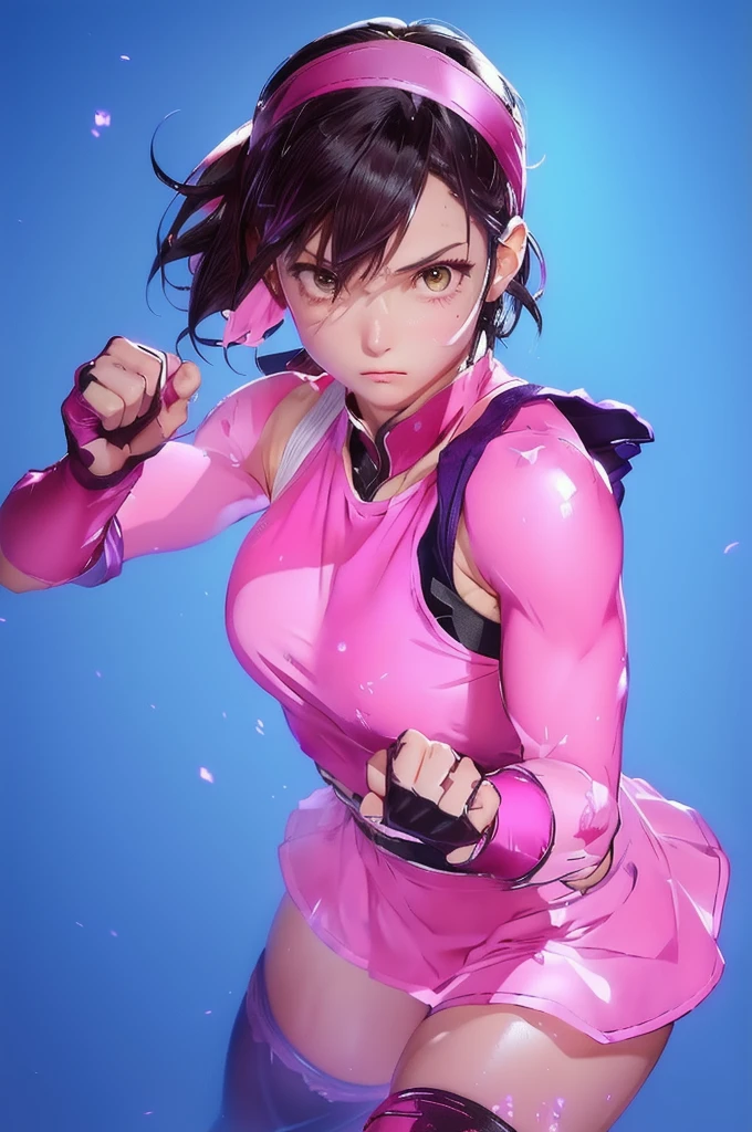 anime girl with a pink headband and a pink top, female protagonist 👀 :8, she is ready to fight, makoto, female protagonist, portrait of chun - li, muscular sweat lara croft, fighter pose, fight pose, makoto shinka, in a fighting stance, fighting pose, badass pose, juri han from street fighter, in a fighting pose