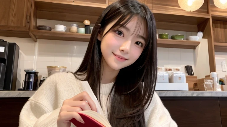 Produce the highest quality and highest resolution 8K images。Please draw the upper body of a 20 year old Japanese woman.。Please draw an image of someone reading a book in a stylish coffee shop.。She has brown eyes and a model-like figure、She has an idol-level cute face.。The hair is long。The skin is、It has a healthy color。she、I'm smiling at the camera。