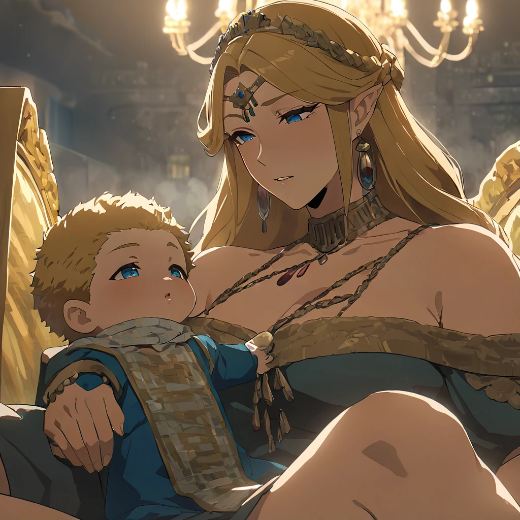 ((Highest quality)), ((masterpiece)), (detailed), (Perfect Face)、The blonde, blue-eyed Queen Zelda is holding a red-haired, brown-skinned baby.、The woman is Queen Zelda of the Gerudo tribe, with blonde hair and blue eyes, and is wearing the luxurious dress of the Gerudo queen.、The man is a dignified, middle-aged, bearded, muscular man with red hair and dark skin, King Ganondorf, the king of the Gerudo tribe, and is dressed in the luxurious and barbaric national dress of the Gerudo king.、A man and woman are kissing close together on the luxurious throne of the Gerudo royal family.、A queen and a king in love