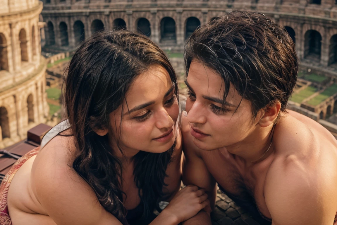 a naked couple on top of the Roman Colosseum, passionate lovemaking, extremely detailed, 1 boy, 1 girl, beautiful detailed eyes, beautiful detailed lips, extremely detailed face and body, sensual, intimate, romantic, dramatic lighting, cinematic composition, dramatic shadows, warm color palette, photorealistic