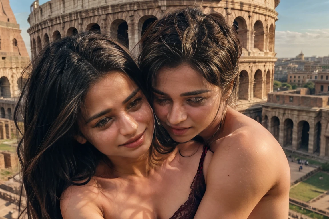 a naked couple on top of the Roman Colosseum, passionate lovemaking, extremely detailed, 1 boy, 1 girl, beautiful detailed eyes, beautiful detailed lips, extremely detailed face and body, sensual, intimate, romantic, dramatic lighting, cinematic composition, dramatic shadows, warm color palette, photorealistic