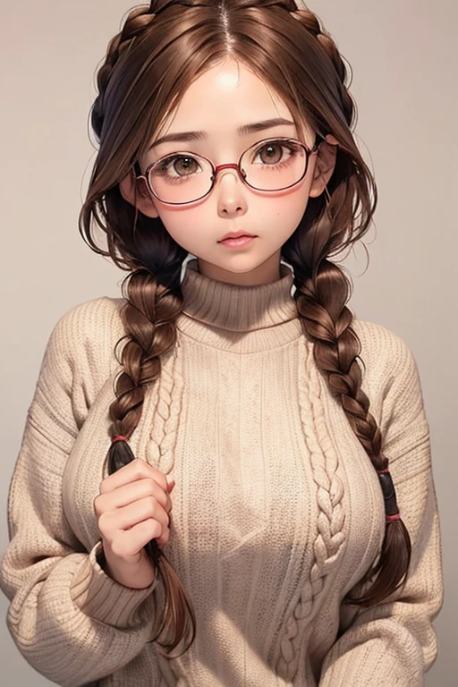 1 Female,Brown Hair, ,((Anxious expression)),Beautiful breasts,Sweater knit,Stylish,,(Look forward)(((Blushing、Surprised expression)),(((Braid))),((( Upper body portrait)))Frameless Glasses