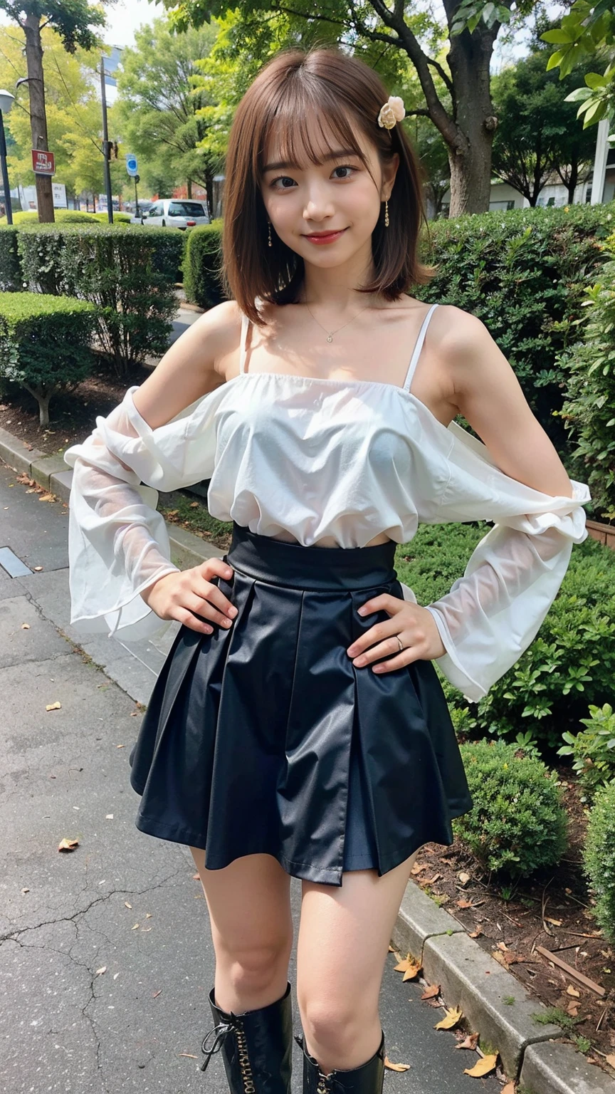 (8K、RAW Photos、Highest quality、masterpiece:1.2)、(Highest quality、Realistic)、1 Girl、((Tube top、mini skirt、Idol Costume、ribbon、Medium Hair、See-through、smile、silver、lame、Thin legs、whole body、boots、garden、View from the front、Looking into the camera、Stand with hands on hips))、cute