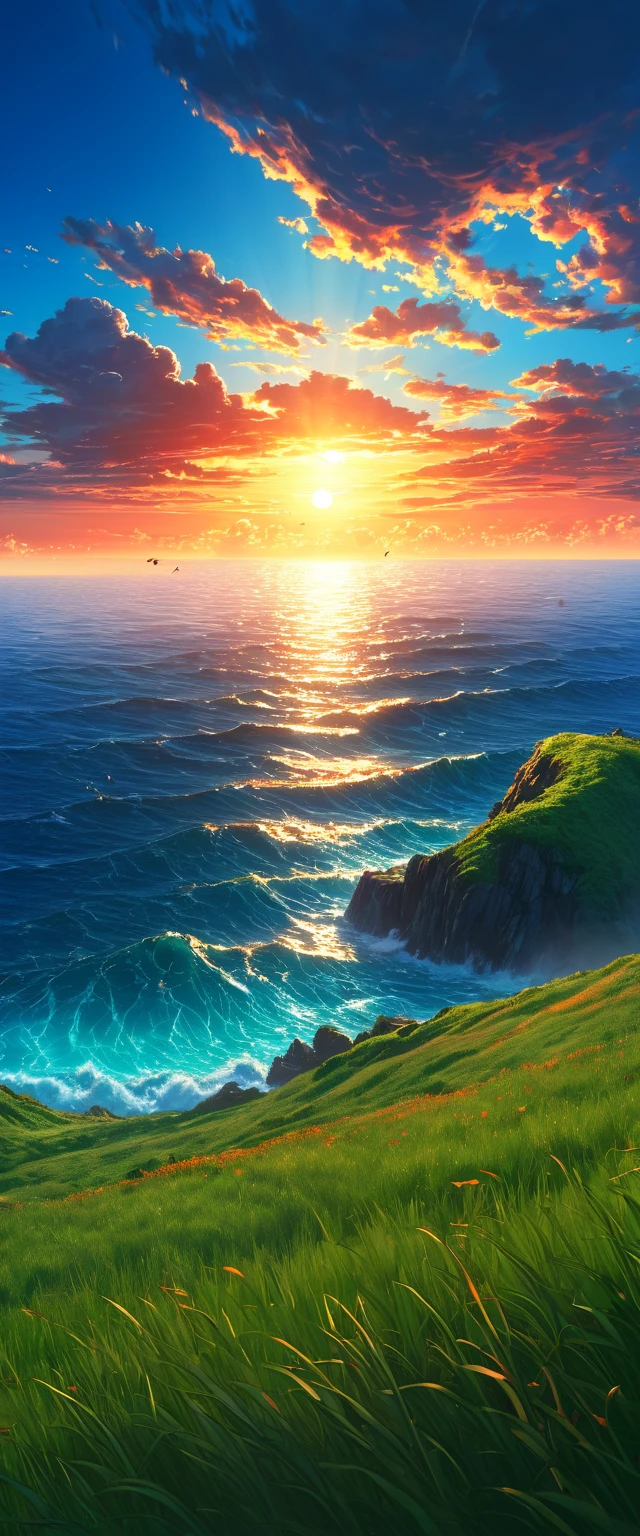 Masterpiece, high quality, 8K Ultra HD. The image shows a  with a flashlight shining into the sky watching the anime The Scary Ocean at Dusk from a grassy hill, with a background of vibrant blue sky and the red and orange tones of the sun. 4k anime art wallpaper, Shen Che-Tsai digital art, pexels, fantastic realism, among sunlit heavenly clouds, heavenly clouds, amazing sky, 4K anime art wallpaper, anime background, wallpaper 8K anime art wallpaper, anime art wallpaper, anime landscape wallpaper, amazing wallpaper, high quality wallpaper definition, 4k anime wallpaper, 4k anime wallpaper, Aries Moross art, Bob Byerley art, AshleyWoodArtAI, greg rutkowski