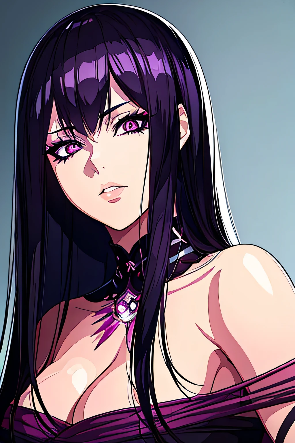 1 girl, beautiful detailed eyes, beautiful detailed lips, extremely detailed face, long eyelashes, purple hair mixed with black hair, medium breasts, anime style, jujutsu kaisen inspired, less sexualized, realistic lighting, dark moody atmosphere, digital painting, highly detailed, masterpiece, photorealistic, 8k, japan background