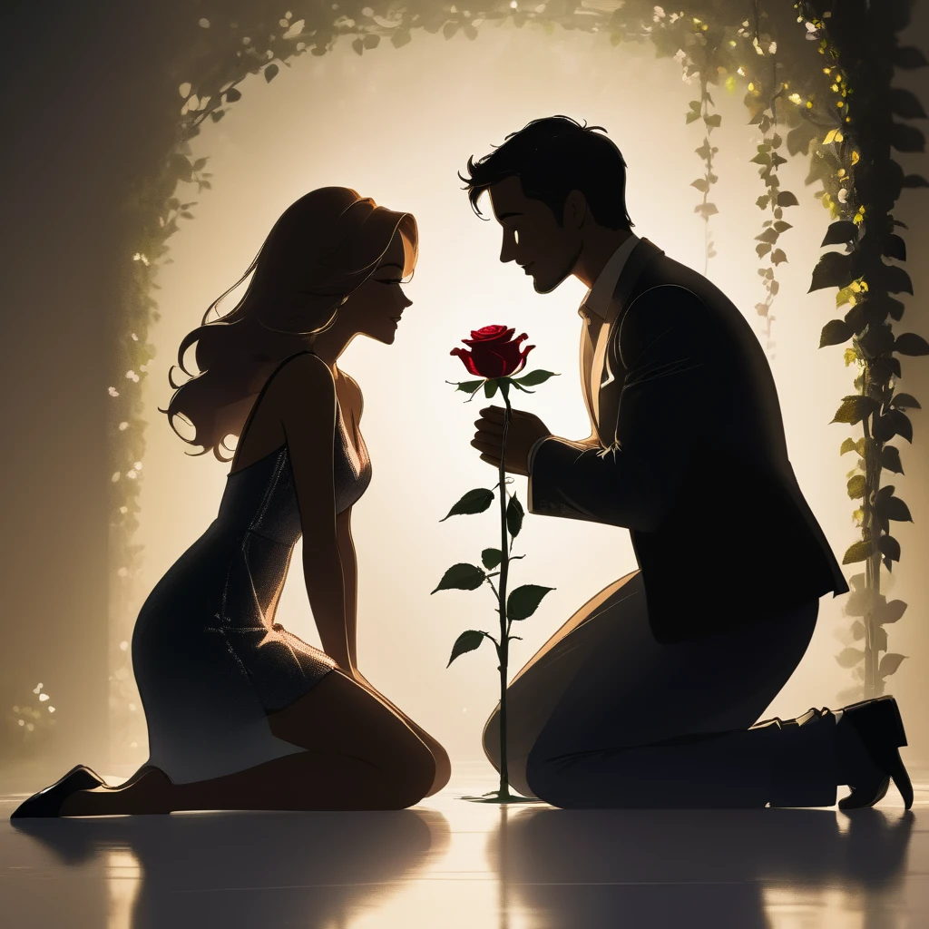 In a romantic gesture, a man kneels on one knee, offering a rose to a woman standing in front of him. The silhouette captures the tender moment of a proposal, with the man holding the flower up toward the woman, who is looking down at him.