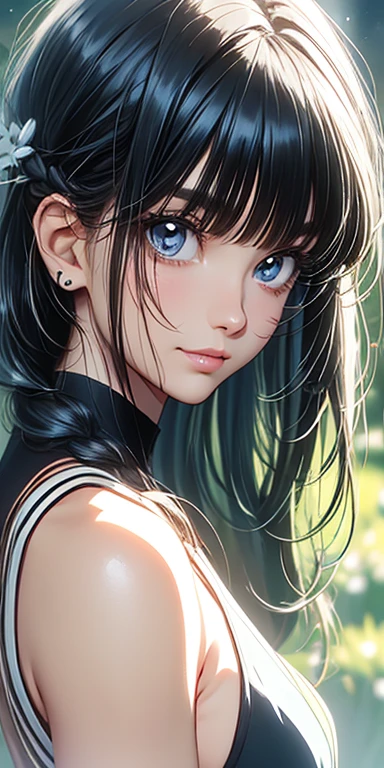 cute、Black Hair:1.5、Braided long hair、Droopy eyes、Perfect beauty、glowing leotard、space of silence、Anime Style、Highest quality、Ultra-detailed、Masseter muscle area:1.3、8k、