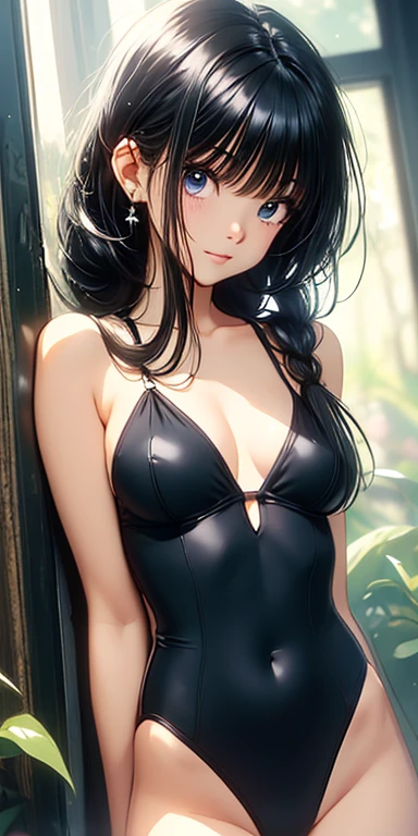 cute、Black Hair:1.5、Braided long hair、Droopy eyes、Perfect beauty、glowing leotard、space of silence、Anime Style、Highest quality、Ultra-detailed、Masseter muscle area:1.3、8k、