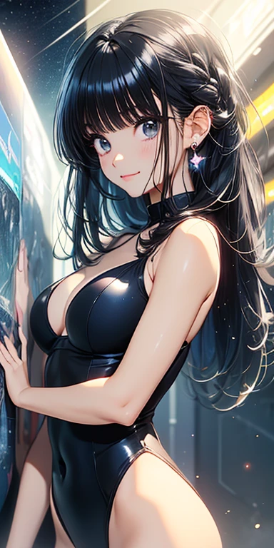 cute、Black Hair:1.5、Braided long hair、Droopy eyes、Perfect beauty、glowing leotard、space of silence、Anime Style、Highest quality、Ultra-detailed、Masseter muscle area:1.3、８ｋ、