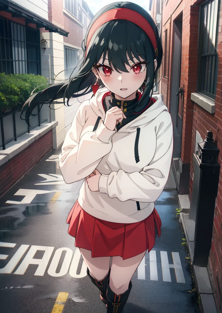 Yorbraia, Yor Briar, Black Hair, (Red eyes:1.5), Earrings, gold hair band, hair band,, Long Hair, Side Lock, (Medium chest:1.2),happy smile, smile, Open your mouth,blush,Oversized black hoodie,Long skirt,short boots,,Walking,rain,noon,cloudy,whole bodyがイラストに入るように,
break outdoors,Alley,
break looking at viewer, whole body,
break (masterpiece:1.2), Highest quality, High resolution, unity 8k wallpaper, (figure:0.8), (Beautiful attention to detail:1.6), Highly detailed face, Perfect lighting, Highly detailed CG, (Perfect hands, Perfect Anatomy),