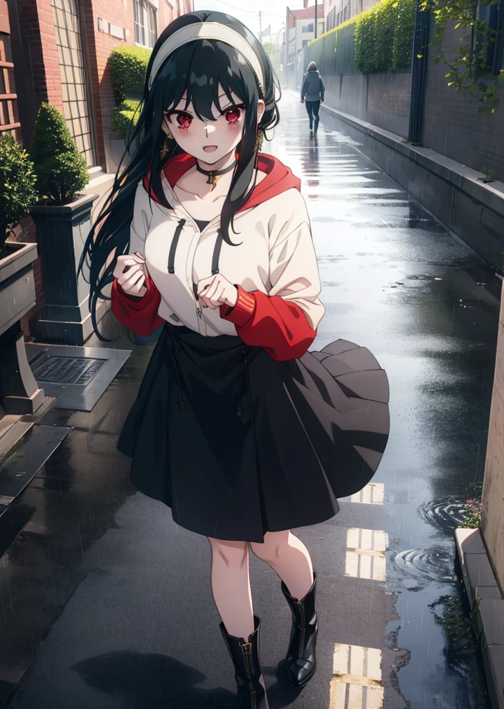 Yorbraia, Yor Briar, Black Hair, (Red eyes:1.5), Earrings, gold hair band, hair band,, Long Hair, Side Lock, (Medium chest:1.2),happy smile, smile, Open your mouth,blush,Oversized black hoodie,Long skirt,short boots,,Walking,rain,noon,cloudy,whole bodyがイラストに入るように,
break outdoors,Alley,
break looking at viewer, whole body,
break (masterpiece:1.2), Highest quality, High resolution, unity 8k wallpaper, (figure:0.8), (Beautiful attention to detail:1.6), Highly detailed face, Perfect lighting, Highly detailed CG, (Perfect hands, Perfect Anatomy),